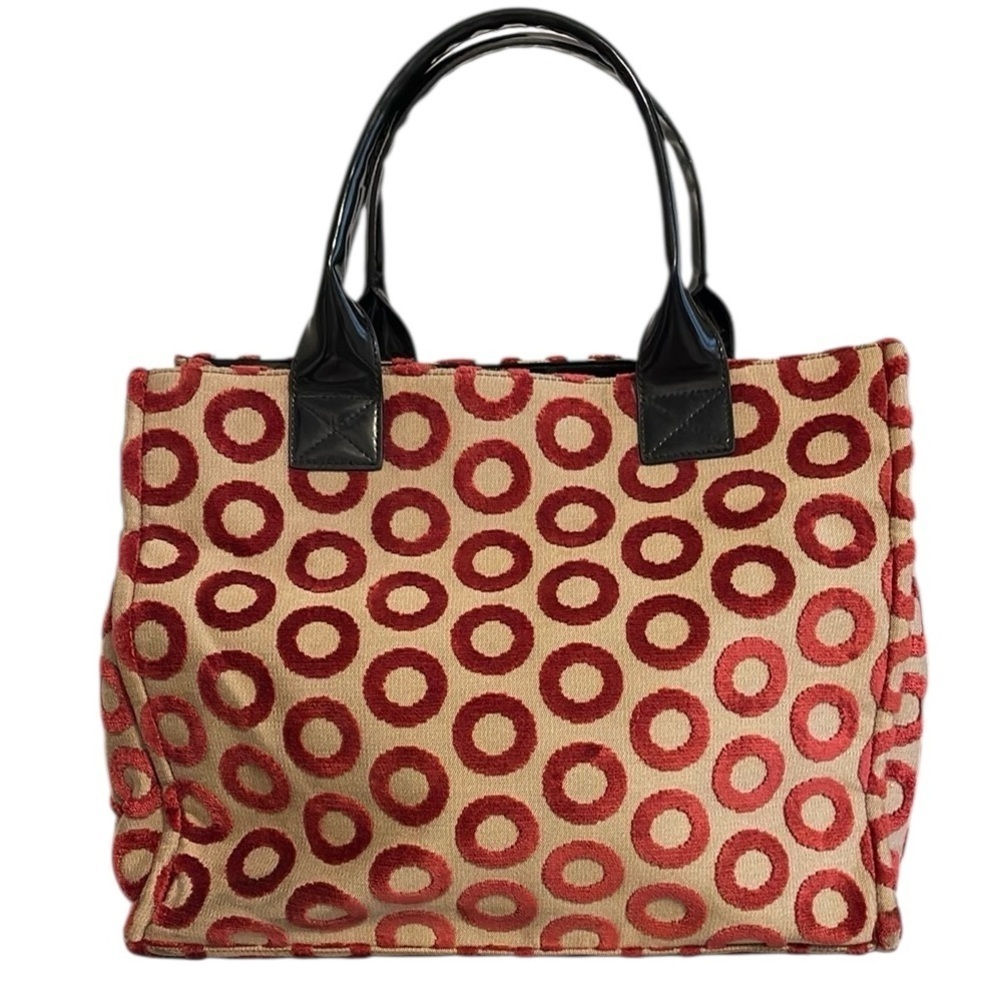 Kate Landry Women’s Tote Bag Large Geometric Plush Circle Print Tan and Maroon